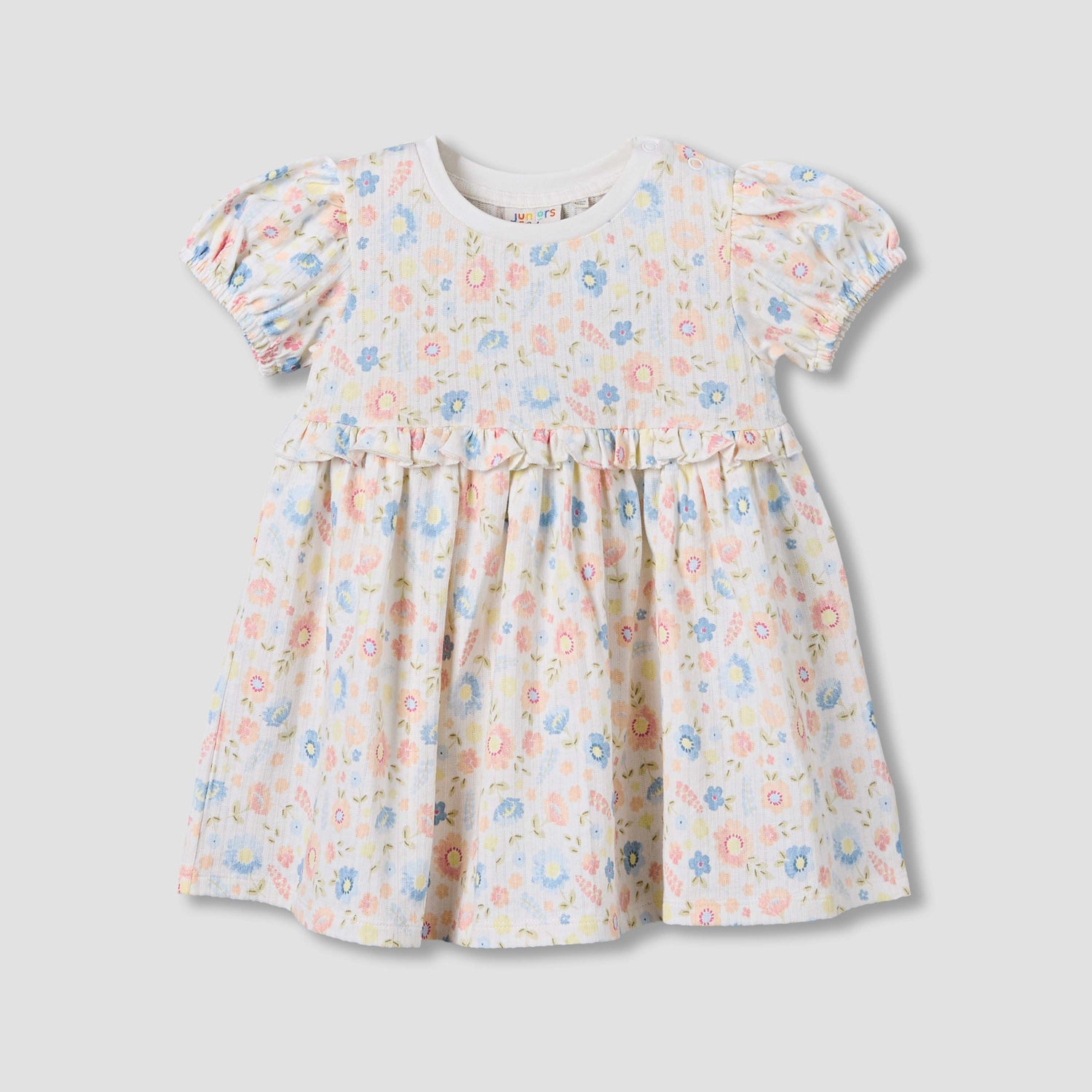 Juniors Round Neck Short Sleeves A-line Dress with Floral Print - White / 12-18 mths