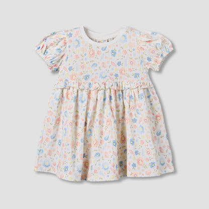 Juniors Round Neck Short Sleeves A-line Dress with Floral Print - White / 12-18 mths