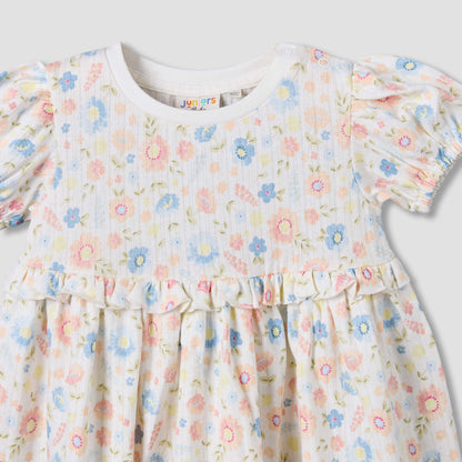Juniors Round Neck Short Sleeves A-line Dress with Floral Print