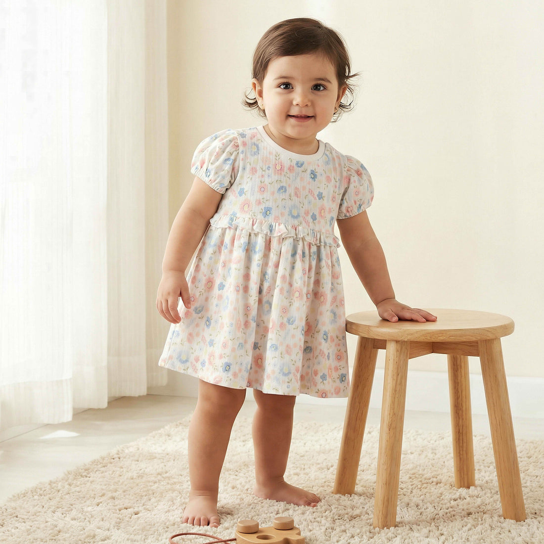Juniors Round Neck Short Sleeves A-line Dress with Floral Print - White / 18-24 mths
