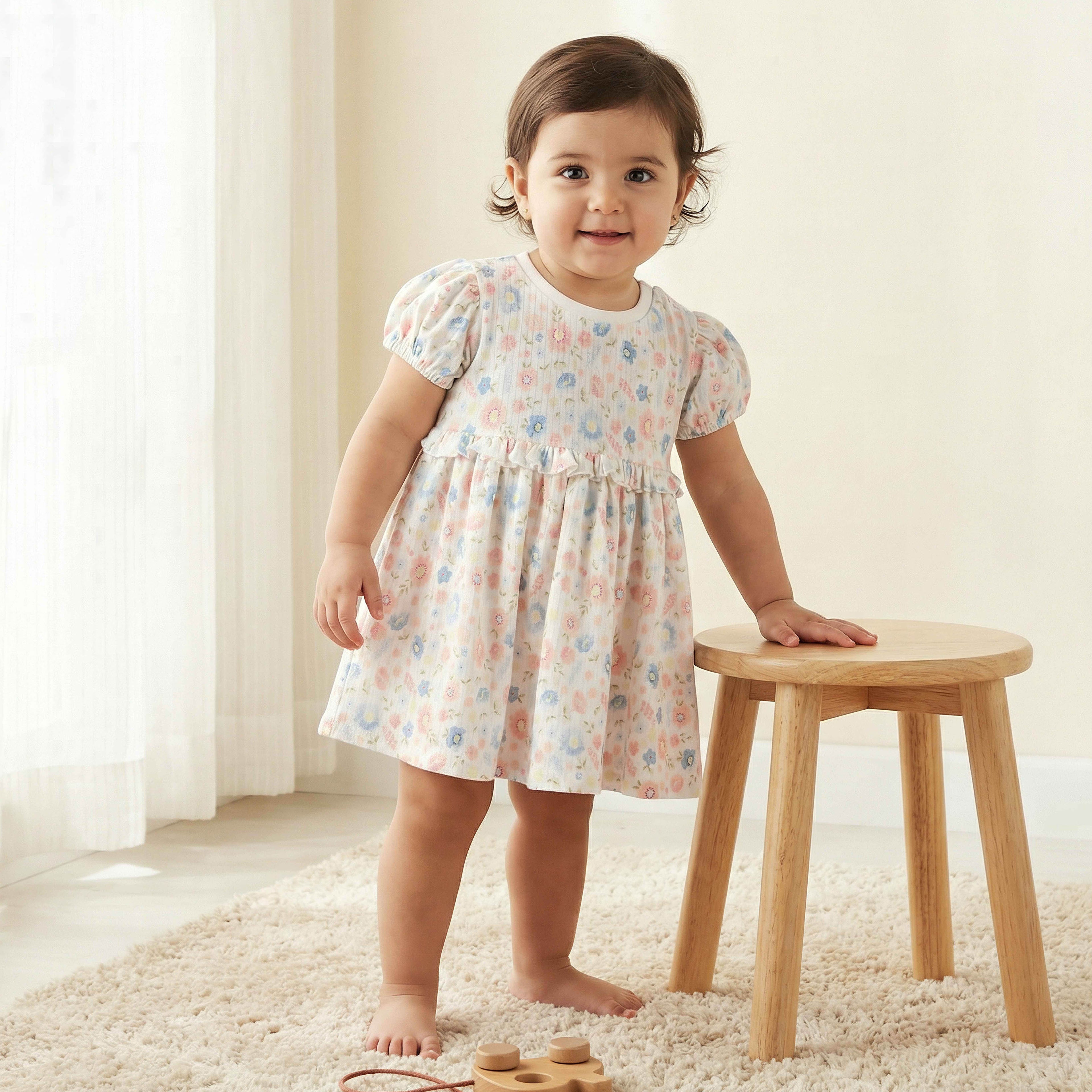 Juniors Round Neck Short Sleeves A-line Dress with Floral Print - White / 18-24 mths