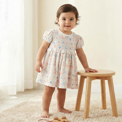 Juniors Round Neck Short Sleeves A-line Dress with Floral Print - White / 18-24 mths