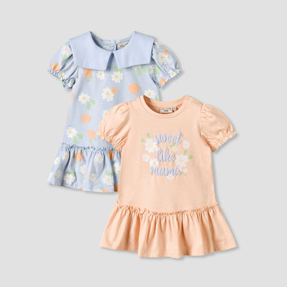 Pack of 2 Round Neck Short Sleeve Knee-Length Dress with Floral Print - Multicolour / 12-18 mths