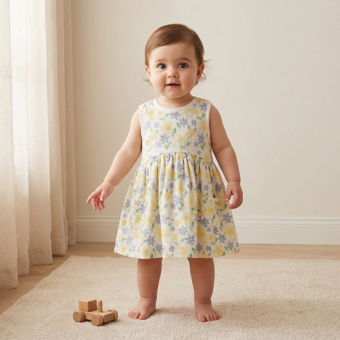 Juniors Round Neck Sleeveless Knee Length A-line Dress with Floral Print - White / 12-18 mths
