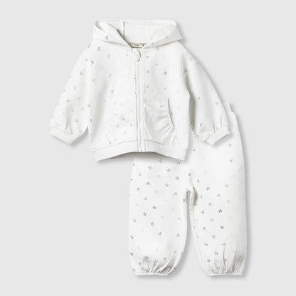 Juniors Hooded Long Sleeve Jacket and Joggers Set with Glitter Print