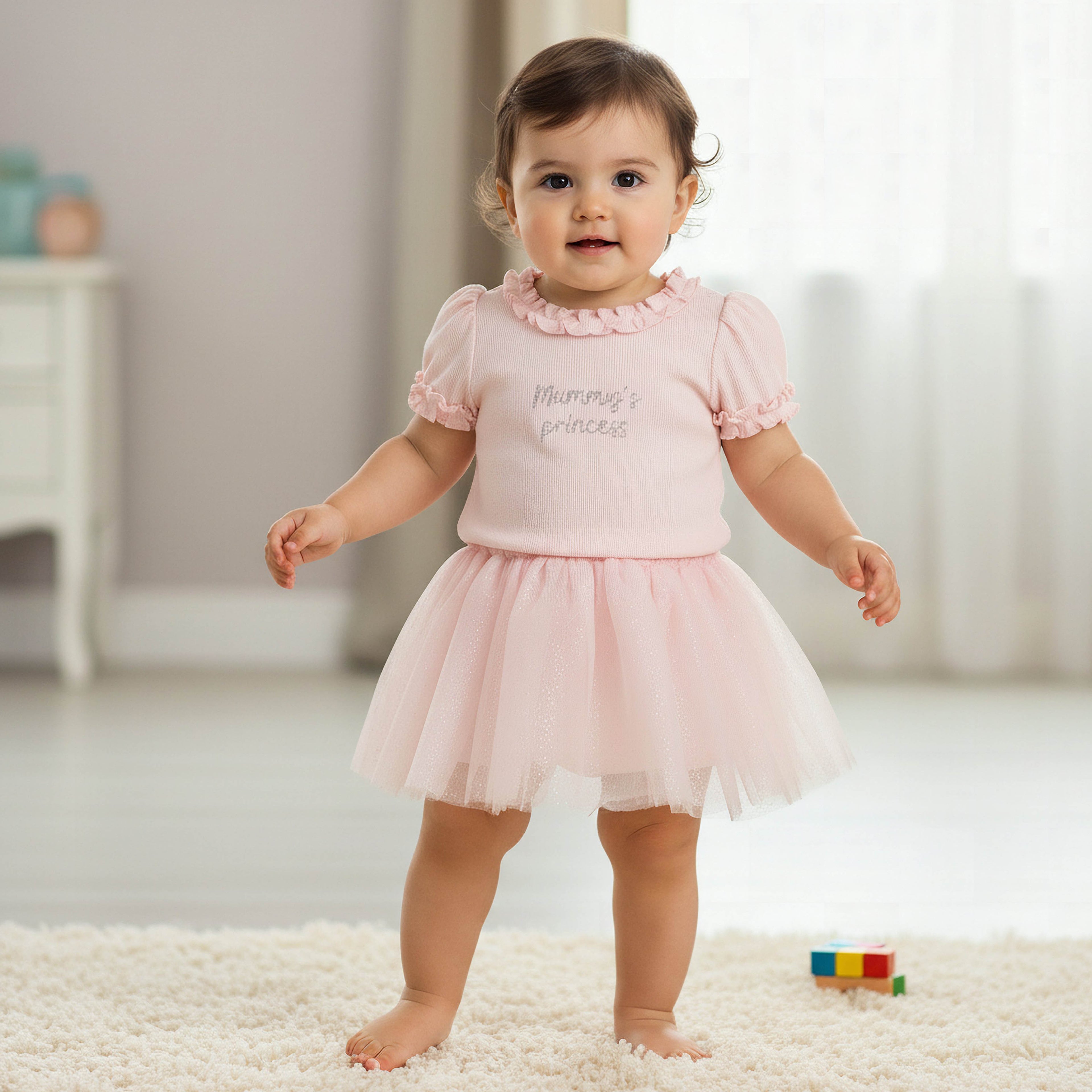 Juniors Round Neck Short Sleeves Ruffled Top and Skirt Set - Pink / 12-18 mths