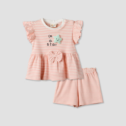 Juniors Round Neck Sleeveless Peplum Top and Shorts Set with Stripes