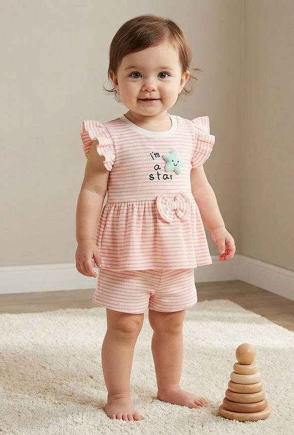 Juniors Round Neck Sleeveless Peplum Top and Shorts Set with Stripes