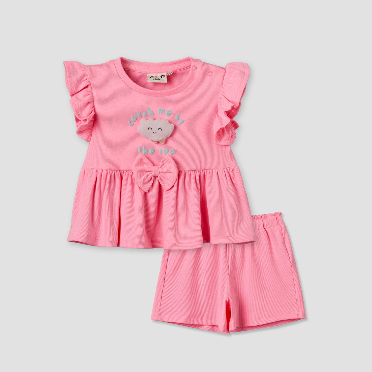 Juniors Round Neck Short Sleeves Top and Shorts Set with Bow Accent