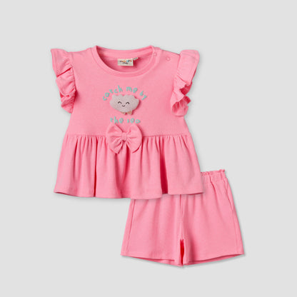 Juniors Round Neck Short Sleeves Top and Shorts Set with Bow Accent