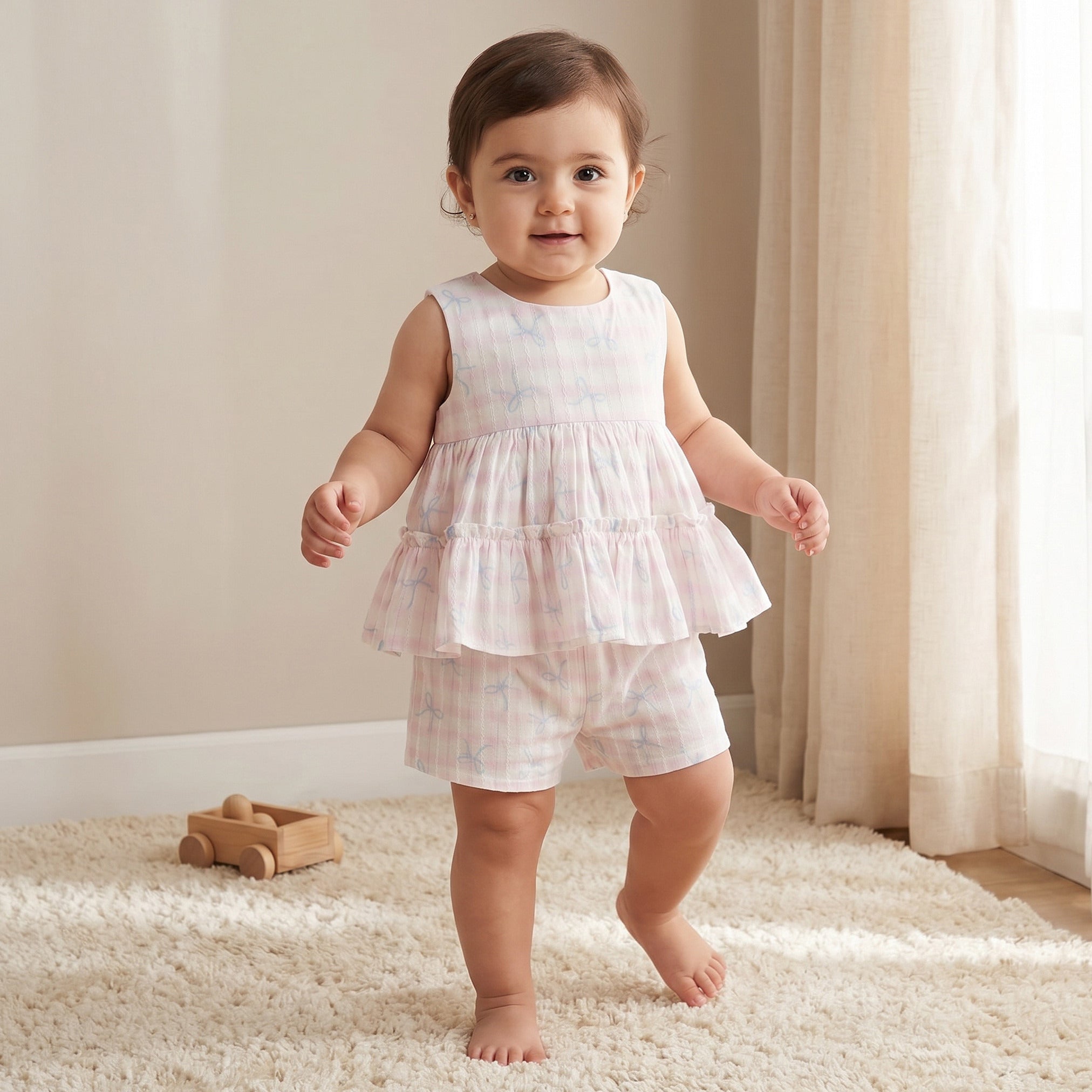 Juniors Round Neck Sleeveless Top and Shorts Set with Bow Print - Purple / 24-36 mths