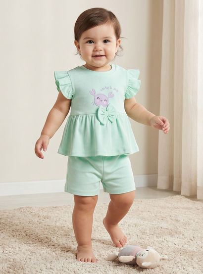Juniors Crew Neck Short Sleeves Top and Shorts Set with Crab Applique-baby-girls-clothing-setsandcoords-image-1