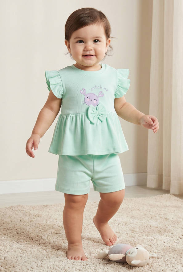 Juniors Crew Neck Short Sleeves Top and Shorts Set with Crab Applique