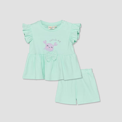 Juniors Crew Neck Short Sleeves Top and Shorts Set with Crab Applique