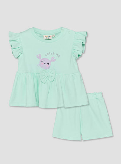 Juniors Crew Neck Short Sleeves Top and Shorts Set with Crab Applique-baby-girls-clothing-setsandcoords-image-2