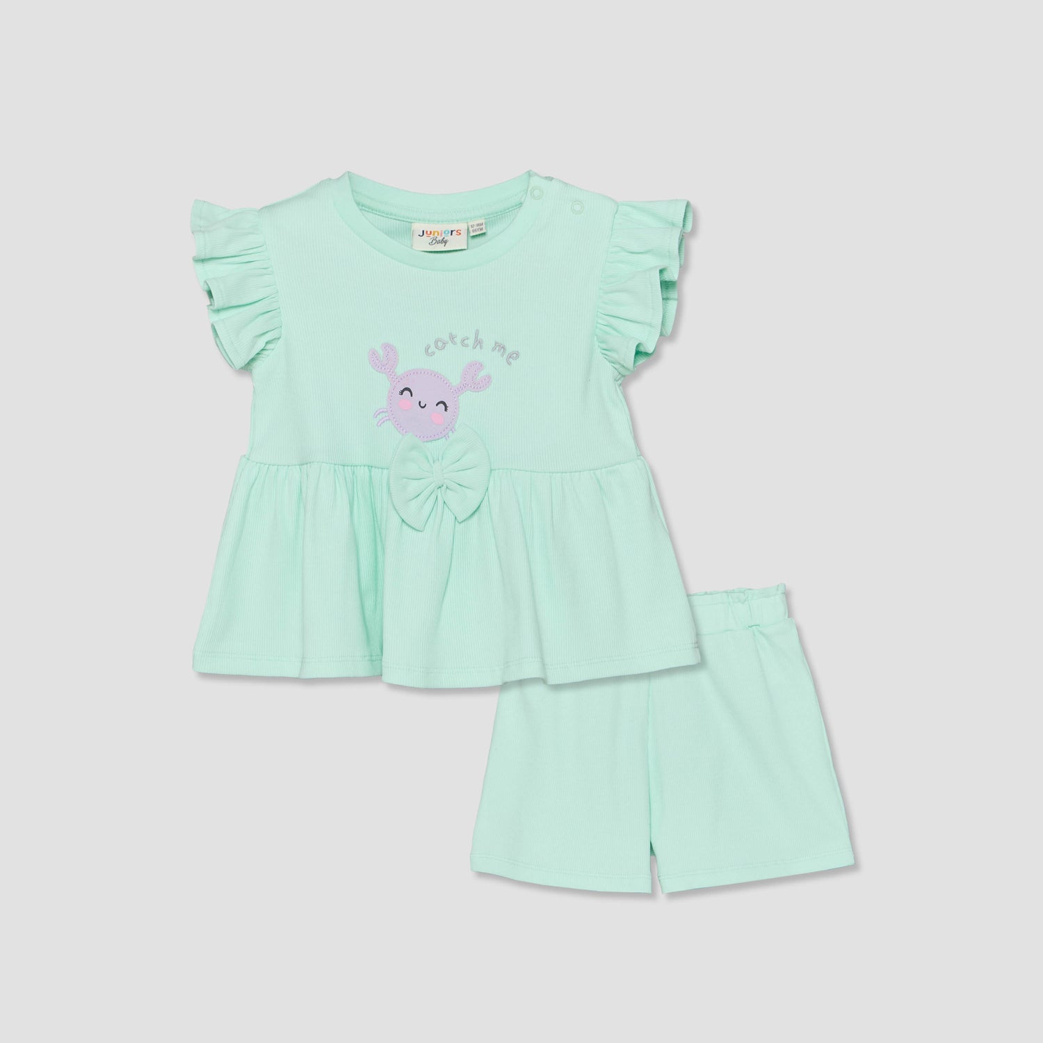 Juniors Crew Neck Short Sleeves Top and Shorts Set with Crab Applique