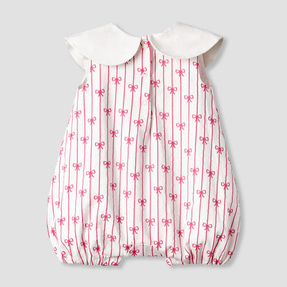 Juniors Peter Pan Collar Sleeveless Romper with Bow Print