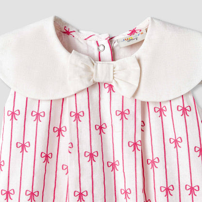 Juniors Peter Pan Collar Sleeveless Romper with Bow Print