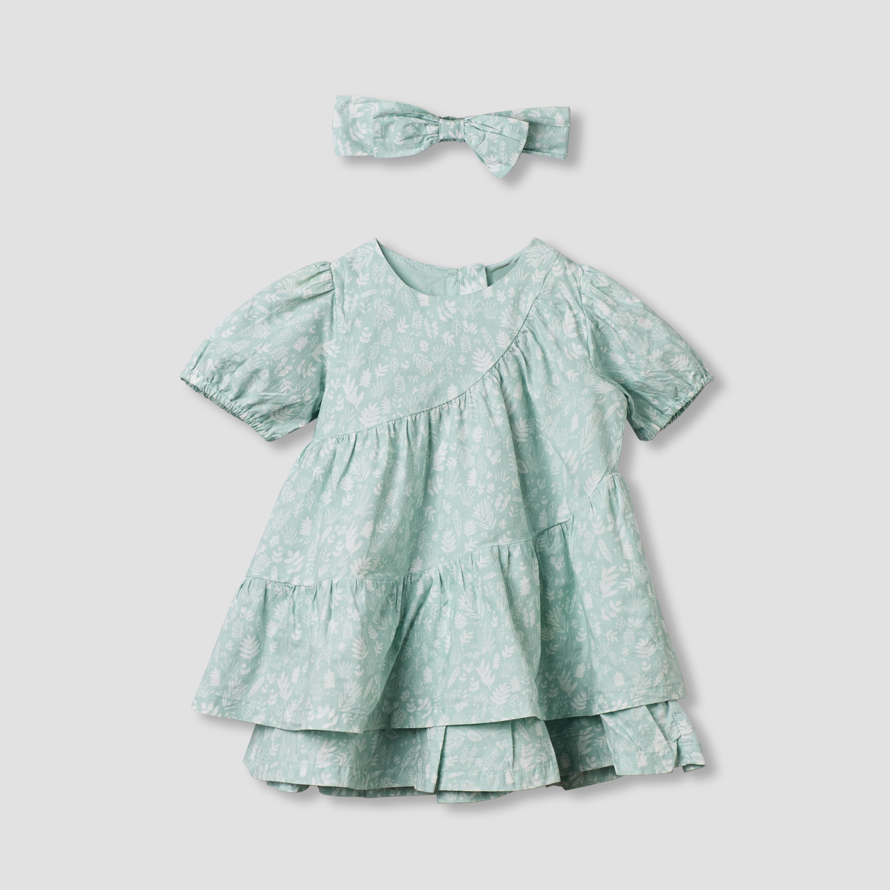 Juniors Round Neck Short Sleeves Tiered Dress with Headband - Green / 12-18 mths