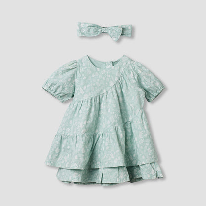 Juniors Round Neck Short Sleeves Tiered Dress with Headband - Green / 12-18 mths