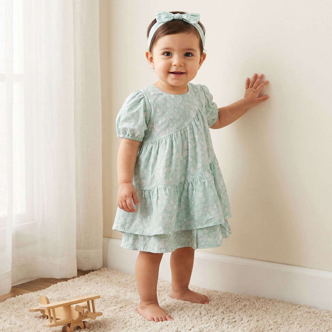 Juniors Round Neck Short Sleeves Tiered Dress with Headband - Green / 12-18 mths