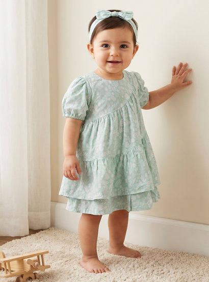 Juniors Round Neck Short Sleeves Tiered Dress with Headband-baby-girls-clothing-dressesandjumpsuits-image-1
