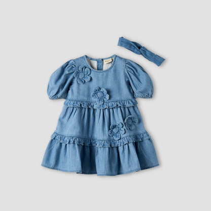 Juniors Round Neck Short Sleeves Tiered Dress with Headband - Blue / 12-18 mths