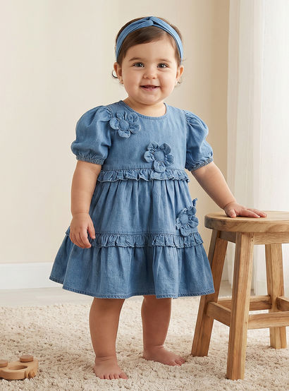 Juniors Round Neck Short Sleeves Tiered Dress with Headband-baby-girls-clothing-dressesandjumpsuits-image-1