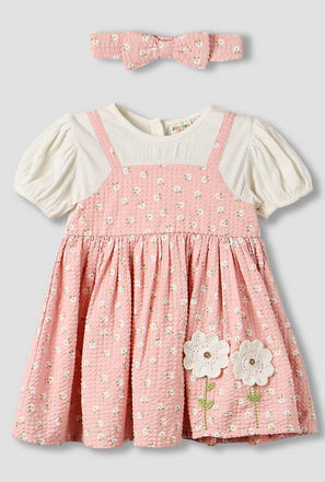 Juniors Round Neck Short Sleeve Knee Length Dress with Hairband
