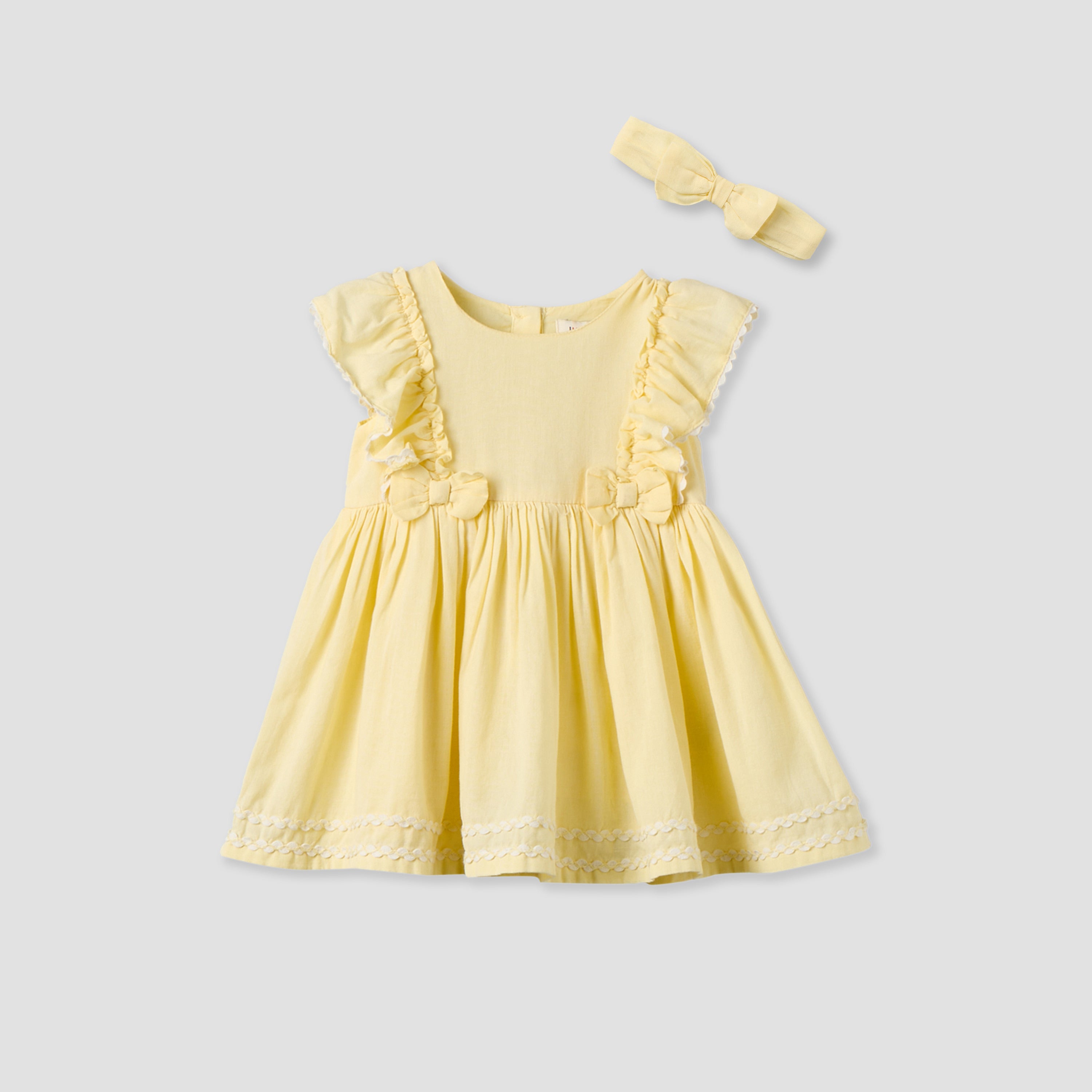 Juniors Round Neck Short Sleeves Knee Length A-line Dress with Headband - Yellow / 12-18 mths