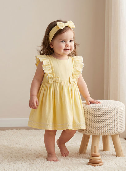 Juniors Round Neck Short Sleeves Knee Length A-line Dress with Headband-baby-girls-clothing-dressesandjumpsuits-image-1