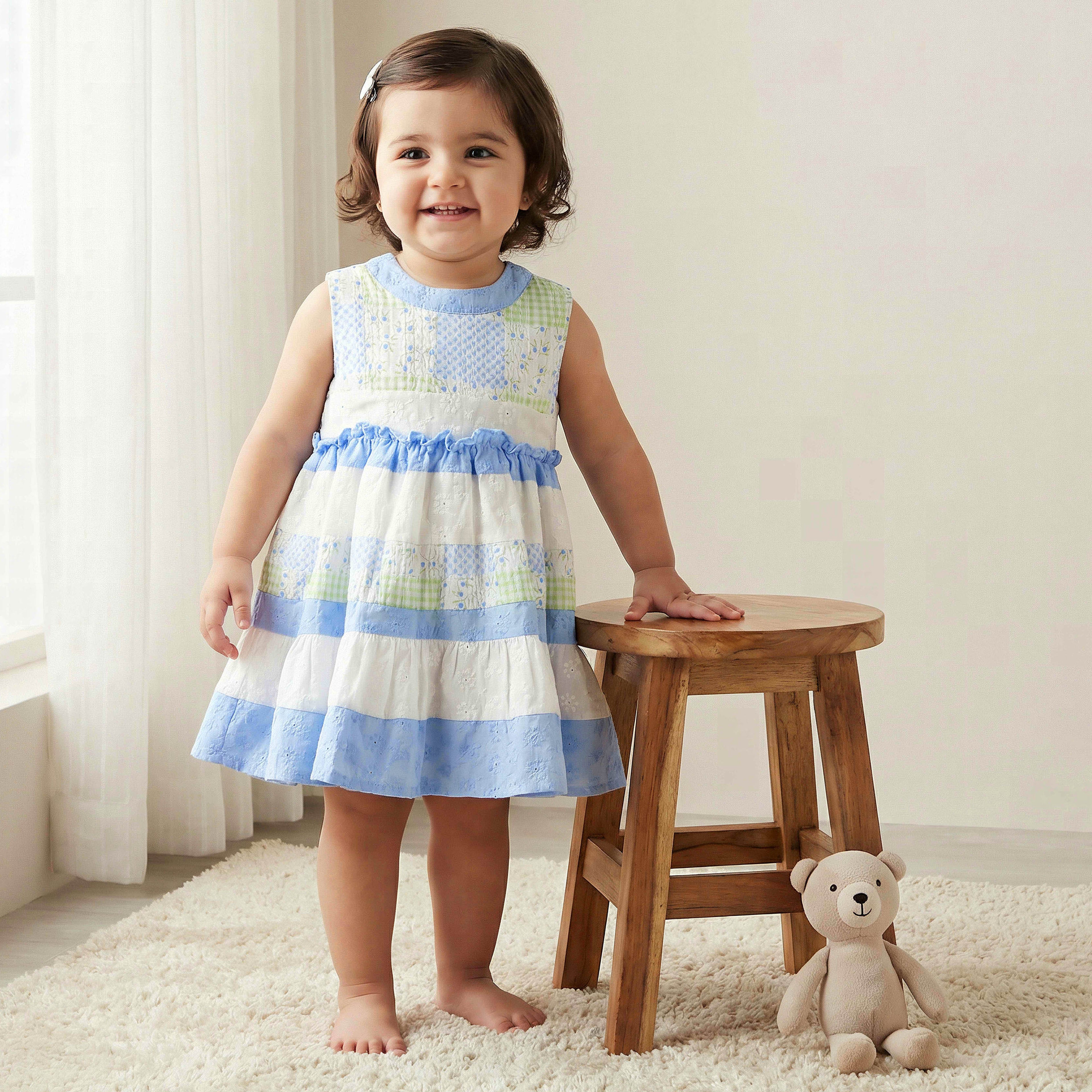 Juniors Round Neck Sleeveless Dress with Print - Blue / 18-24 mths