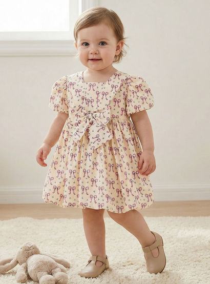 Juniors Square Neck Short Sleeves Prom Dress with Bow Print-baby-girls-clothing-dressesandjumpsuits-image-1
