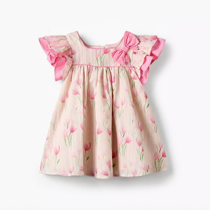 Juniors Square Neck Short Sleeves Dress with Floral Print - Pink / 12-18 mths