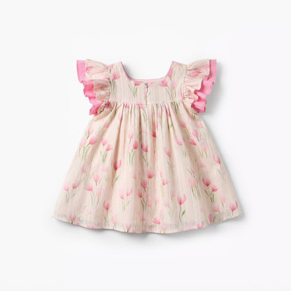Juniors Square Neck Short Sleeves Dress with Floral Print