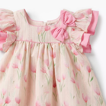 Juniors Square Neck Short Sleeves Dress with Floral Print