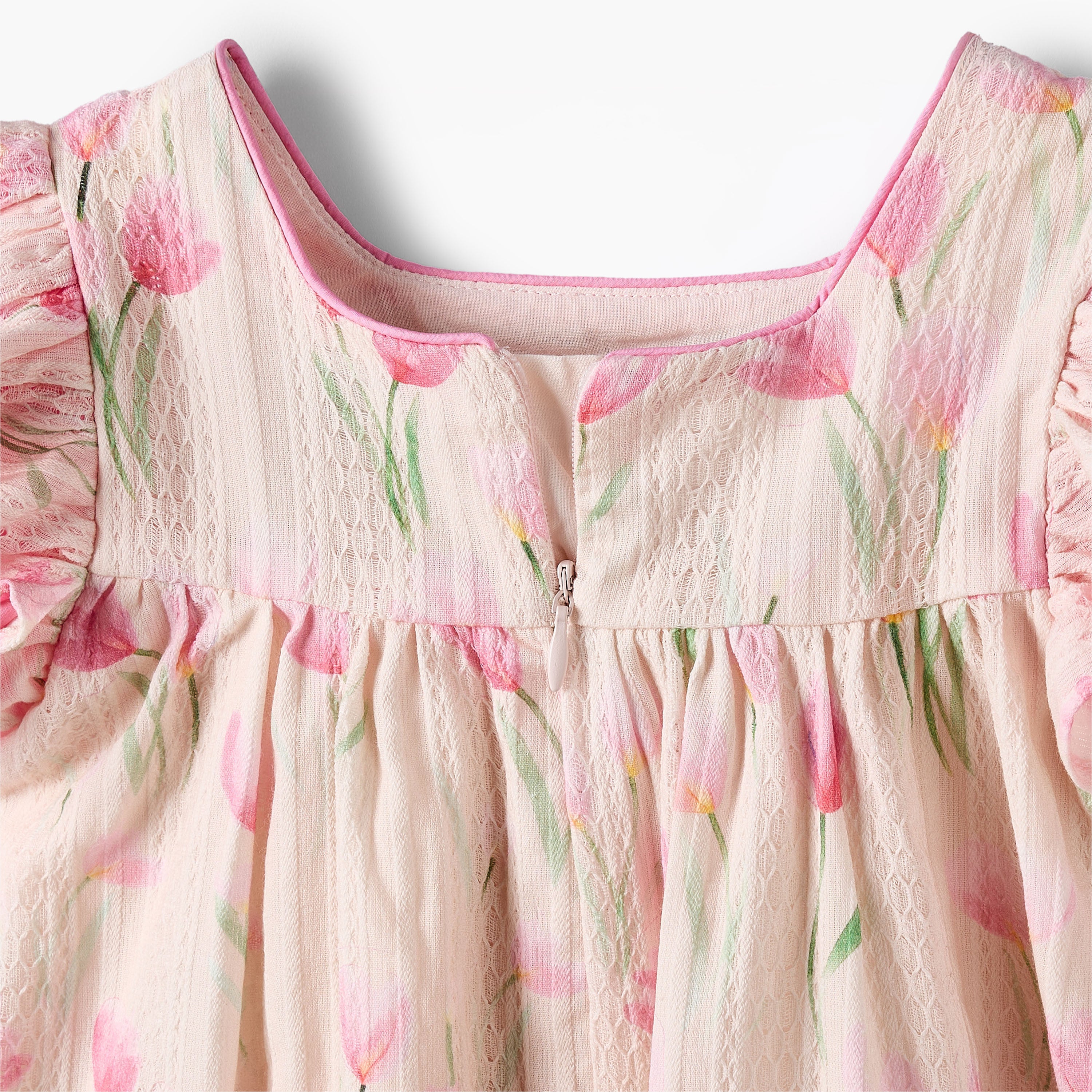 Juniors Square Neck Short Sleeves Dress with Floral Print