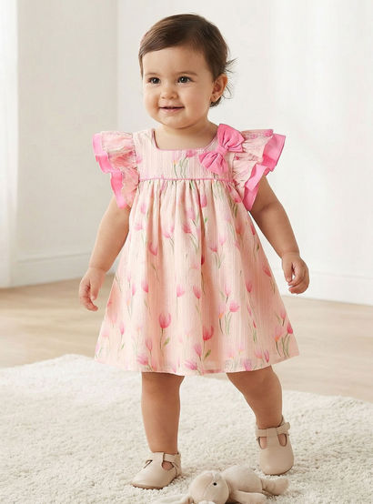 Juniors Square Neck Short Sleeves Dress with Floral Print-baby-girls-clothing-dressesandjumpsuits-image-1
