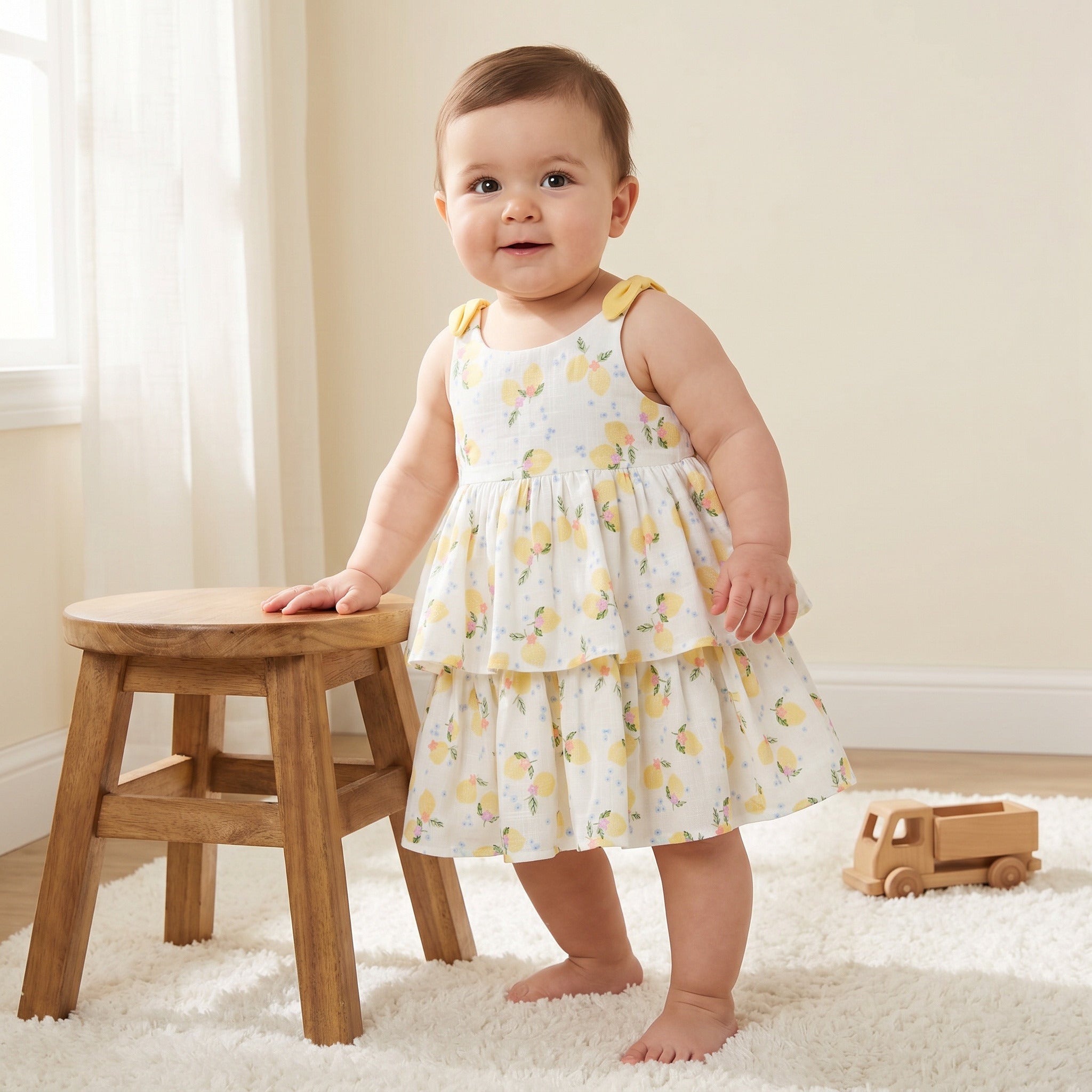 Juniors Round Neck Sleeveless A-line Dress with Lemon Print - White / 12-18 mths