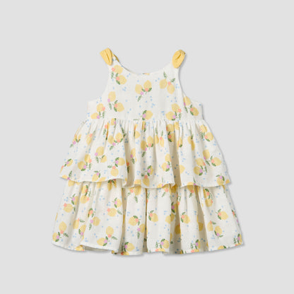 Juniors Round Neck Sleeveless A-line Dress with Lemon Print