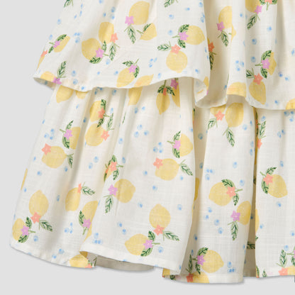 Juniors Round Neck Sleeveless A-line Dress with Lemon Print