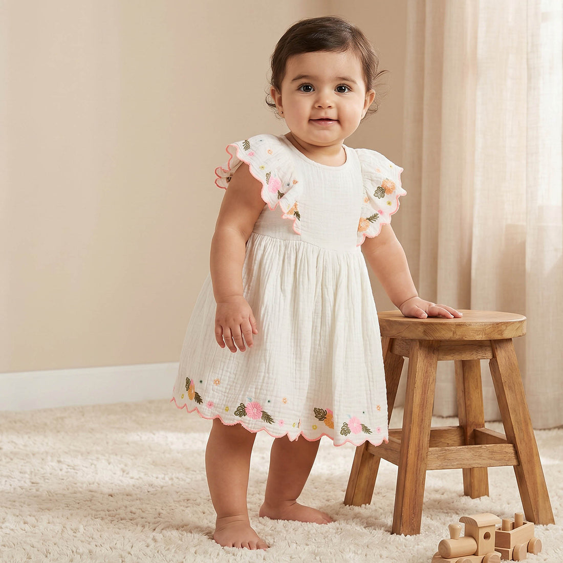 Juniors Round Neck Sleeveless Knee Length Dress with Bloomers - Cream / 12-18 mths