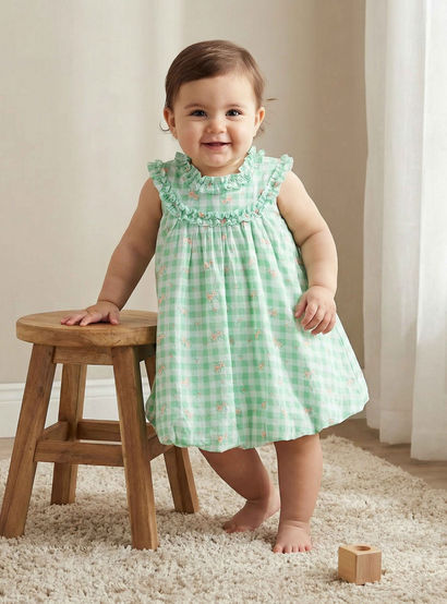 Juniors Round Neck Sleeveless A-line Dress with Checked and Floral Print-baby-girls-clothing-dressesandjumpsuits-image-1