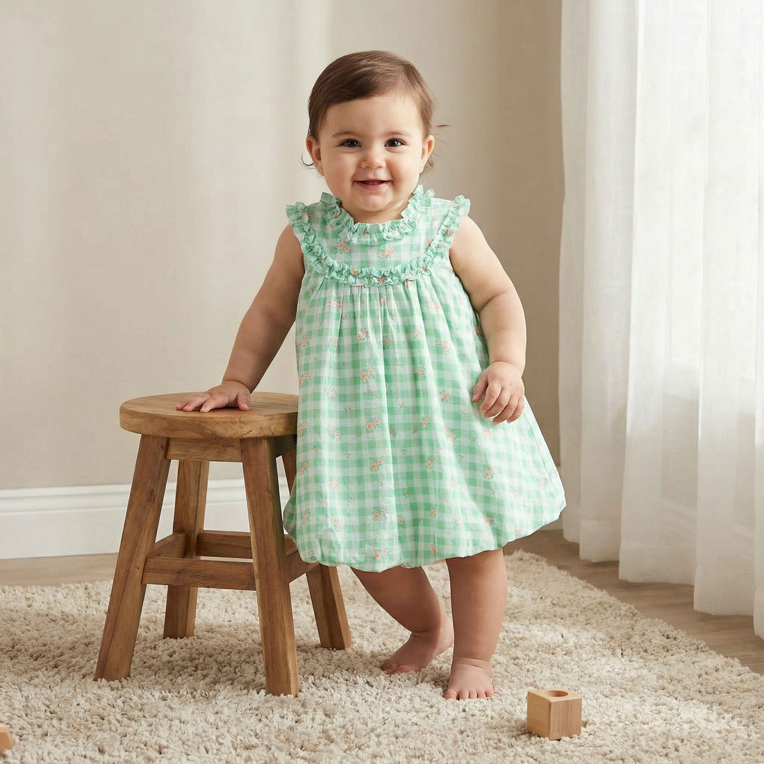 Juniors Round Neck Sleeveless A-line Dress with Checked and Floral Print - Green / 18-24 mths