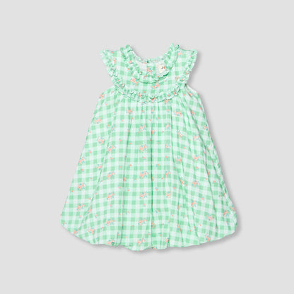 Juniors Round Neck Sleeveless A-line Dress with Checked and Floral Print