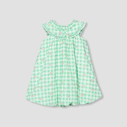 Juniors Round Neck Sleeveless A-line Dress with Checked and Floral Print