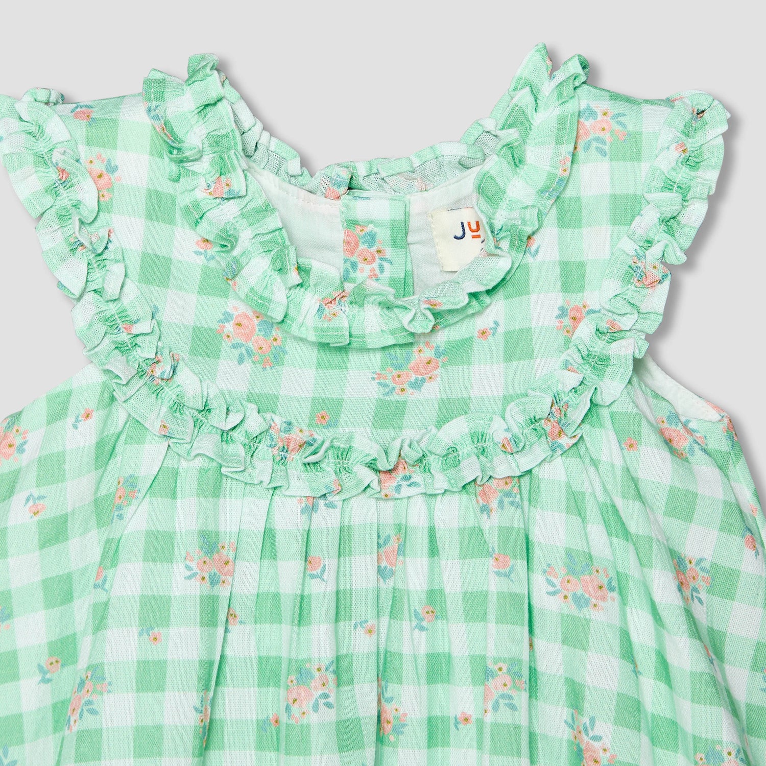 Juniors Round Neck Sleeveless A-line Dress with Checked and Floral Print