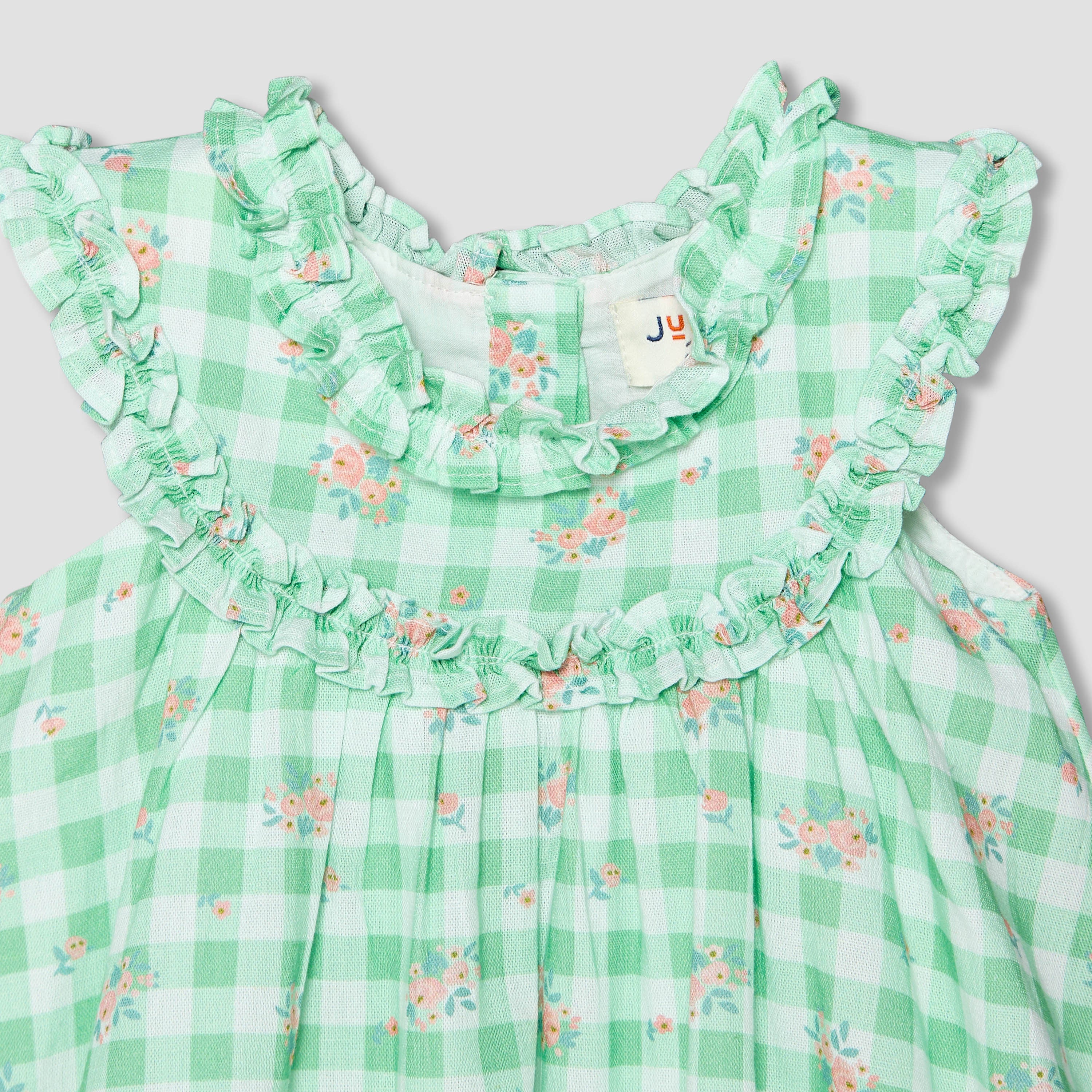 Juniors Round Neck Sleeveless A-line Dress with Checked and Floral Print