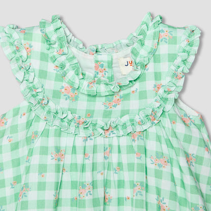 Juniors Round Neck Sleeveless A-line Dress with Checked and Floral Print