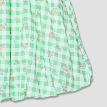 Juniors Round Neck Sleeveless A-line Dress with Checked and Floral Print